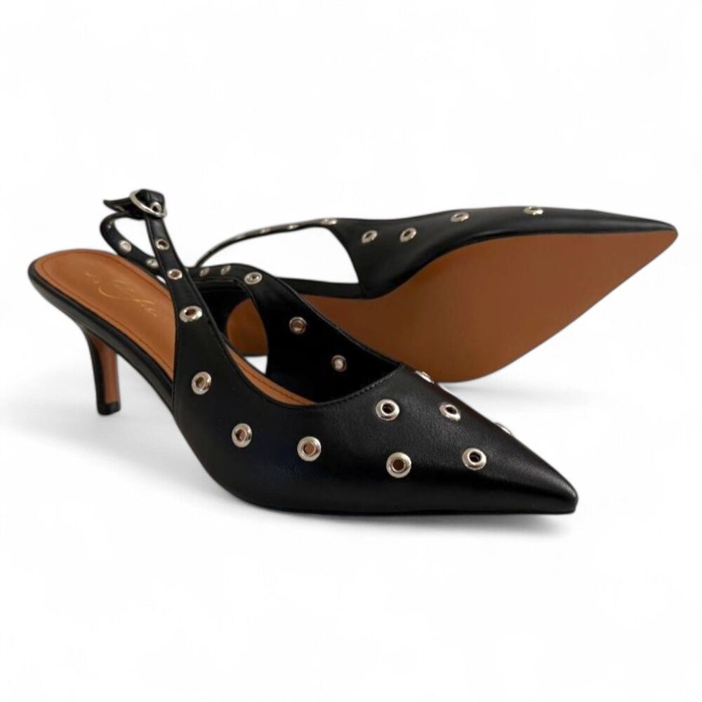ANTEIKIRA Kitten Heel Eyelet Slingback Black Pumps, NEW! Size 10